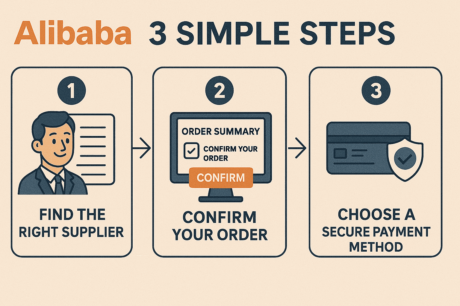 Alibaba order process infographic, 3 simple steps