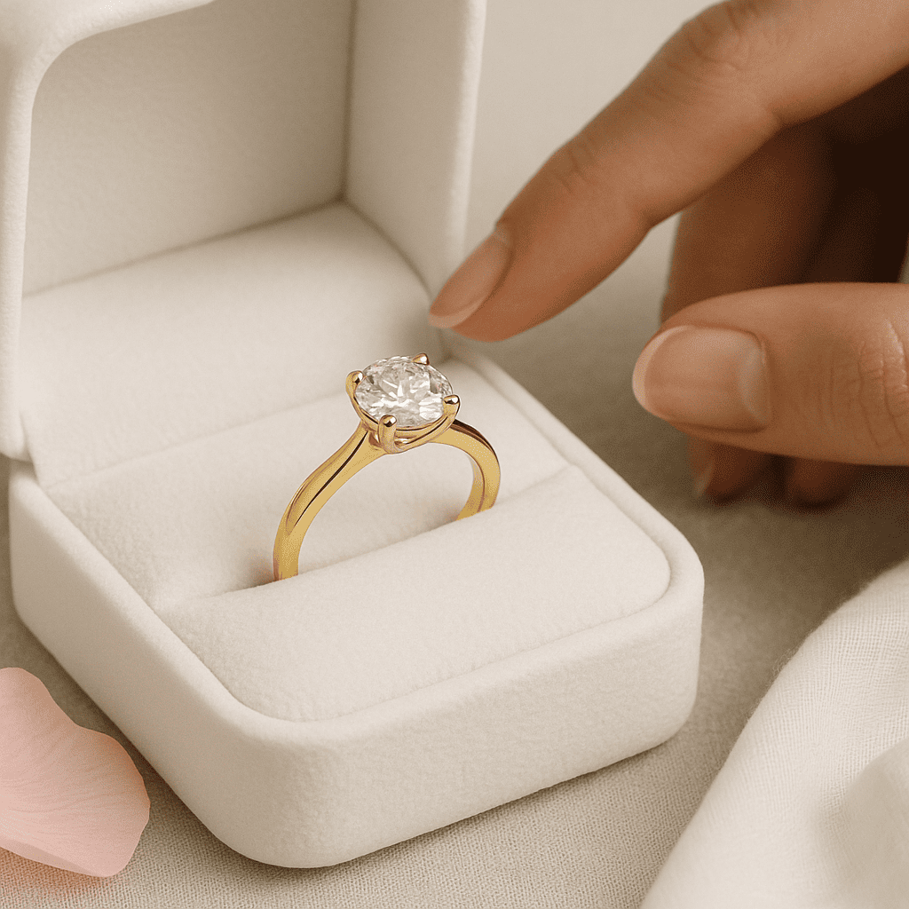 Finished gold engagement ring in velvet box