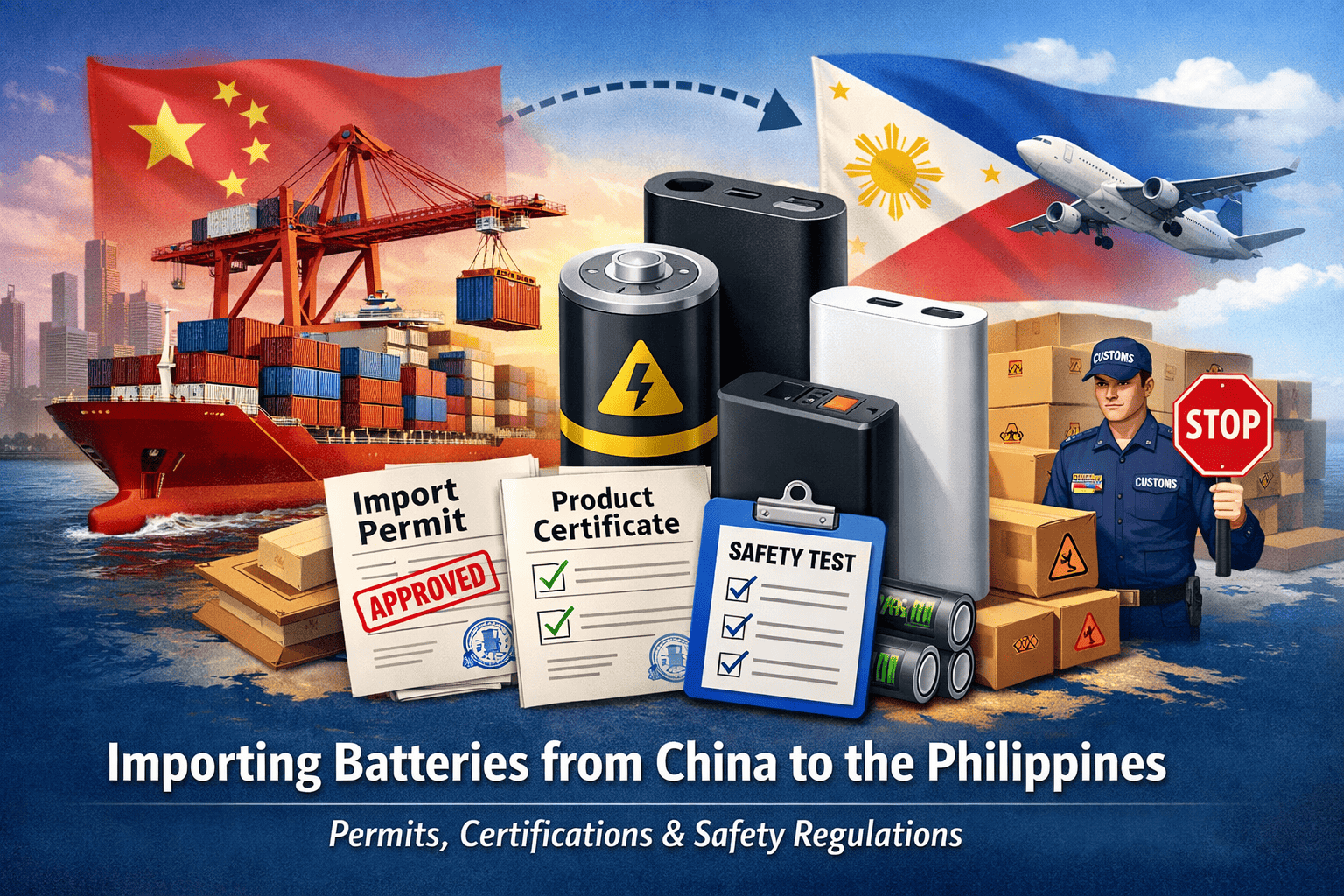 What qualifications do I need to import portable power banks and other batteries from China to the Philippines?